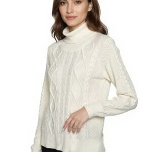 Pretty Guide Soft Cable Knit Sweater Women's Size L Cream Turtleneck Long Sleeve